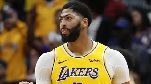 Anthony Davis #3 of the Los Angeles Lakers reacts after defeating the New Orleans Pelicans at Smoothie King Center.
