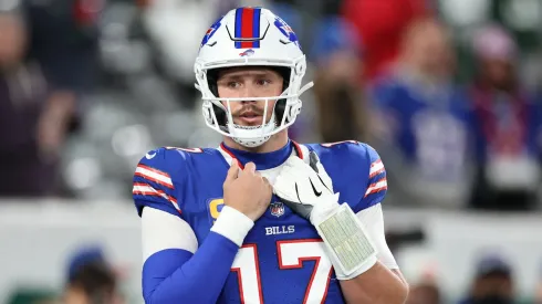 Josh Allen #17 of the Buffalo Bills warms up prior to the game against the New York Jets at MetLife Stadium on October 14, 2024 in East Rutherford, New Jersey.
