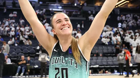 Sabrina Ionescu #20 of the New York Liberty reacts after hitting a game winning three point basket to defeat the Minnesota Lynx
