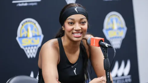  Angel Reese #5 of the Chicago Sky talks to the media before the game against the Indiana Fever
