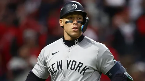 Aaron Judge #99 of the New York Yankees reacts after striking out during the sixth inning against the Cleveland Guardians during Game Three of the American League Championship Series at Progressive Field on October 17, 2024 in Cleveland, Ohio.
