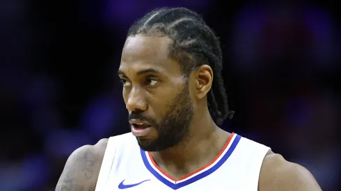 Kawhi Leonard #2 of the LA Clippers reacts during the fourth quarter against the Philadelphia 76ers at the Wells Fargo Center on March 27, 2024 in Philadelphia, Pennsylvania.
