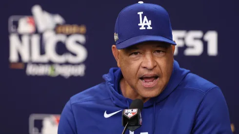 Dave Roberts #30 of the Los Angeles Dodgers speaks to the media prior to Game Four of the National League Championship Series against the New York Mets at Citi Field on October 17, 2024 in New York City.
