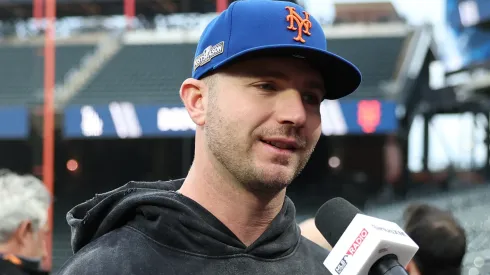 Pete Alonso #20 of the New York Mets speaks to the media prior to Game Four of the National League Championship Series against the Los Angeles Dodgers at Citi Field on October 17, 2024 in New York City.
