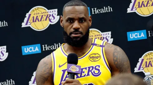 LeBron James #23 of the Los Angeles Lakers speaks during a Los Angeles Lakers media day at UCLA Health Training Center on September 30, 2024 in El Segundo, California.