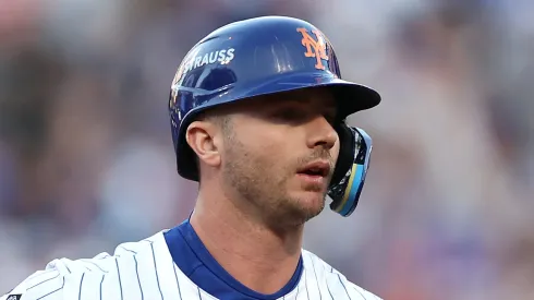 Pete Alonso #20 of the New York Mets rounds the bases after hitting a three-run home run in the first inning against the Los Angeles Dodgers during Game Five of the National League Championship Series at Citi Field on October 18, 2024 in New York City.
