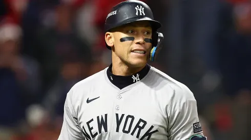 Aaron Judge #99 of the New York Yankees reacts after striking out in the eighth inning against the Cleveland Guardians during Game Four of the American League Championship Series at Progressive Field on October 18, 2024 in Cleveland, Ohio. 
