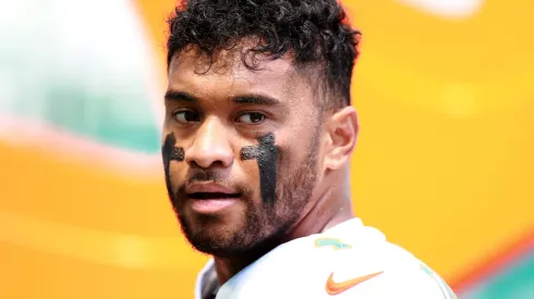 Tua Tagovailoa #1 of the Miami Dolphins looks on prior to a game against the Jacksonville Jaguars at Hard Rock Stadium on September 08, 2024 in Miami Gardens, Florida.
