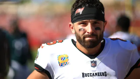 Baker Mayfield #6 of the Tampa Bay Buccaneers reacts after defeating the Philadelphia Eagles at Raymond James Stadium on September 29, 2024 in Tampa, Florida. 
