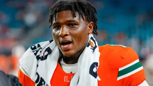 Miami Hurricanes quarterback Cam Ward (1) on the sidelines in the second half against the Ball State Cardinals at Hard Rock Stadium in Miami Gardens, Florida, on Saturday, Sept. 14, 2024.
