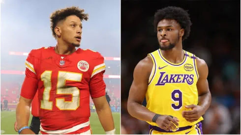 Patrick Mahomes #15 of the Kansas City Chiefs reacts after a 26-13 victory against the New Orleans Saints at GEHA Field at Arrowhead Stadium on October 07, 2024 in Kansas City, Missouri.  – Bronny James #9 of the Los Angeles Lakers reacts during the second half of the preseason NBA game against the Phoenix Suns at Footprint Center on October 17, 2024 in Phoenix, Arizona. 
