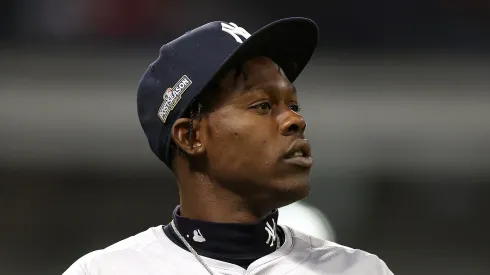 Jazz Chisholm Jr. #13 of the New York Yankees looks on in the second inning against the Cleveland Guardians during Game Four of the American League Championship Series at Progressive Field on October 18, 2024 in Cleveland, Ohio.
