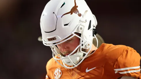 Quinn Ewers #3 of the Texas Longhorns walks off the field after being defeated by the Georgia Bulldogs 30-15 at Darrell K Royal-Texas Memorial Stadium on October 19, 2024 in Austin, Texas.
