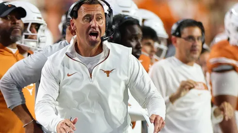 Head coach Steve Sarkisian of the Texas Longhorns reacts during the second quarter against the Georgia Bulldogs at Darrell K Royal-Texas Memorial Stadium on October 19, 2024 in Austin, Texas.
