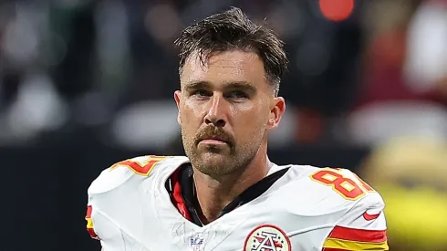 Travis Kelce #87 of the Kansas City Chiefs looks on prior to kickoff against the Atlanta Falcons at Mercedes-Benz Stadium on September 22, 2024 in Atlanta, Georgia.
