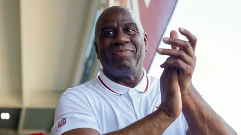 Earvin 'Magic' Johnson, a new owner of the Washington Commanders, delivers remarks during a press conference introducing the team's new ownership at on July 21, 2023 in Landover, Maryland. NFL teams owners have unanimously approved a $6.05 billion sale of the Commanders from Dan Snyder to a group led by Josh Harris.
