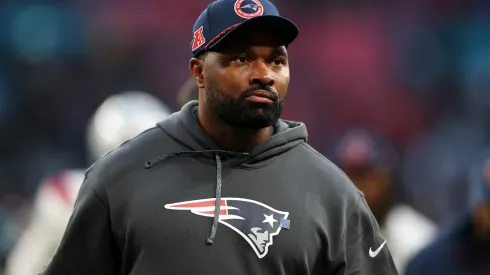 Jerod Mayo of New England Patriots looks on after the NFL match between New England Patriots and Jacksonville Jaguars at Wembley Stadium on October 20, 2024 in London, England.