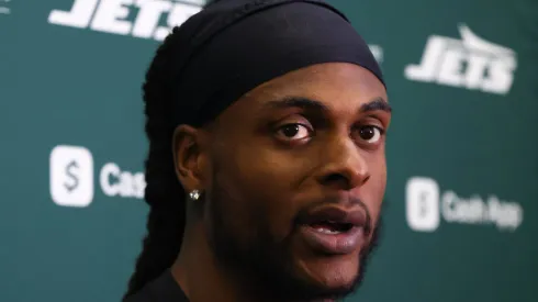 Davante Adams #17 of the New York Jets speaks to members of the media at the Atlantic Health Jets Training Center on October 16, 2024 in Florham Park, New Jersey.
