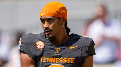 Nico Iamaleava #8 of the Tennessee Volunteers warms up before their game against the Chattanooga Mocs at Neyland Stadium on August 31, 2024 in Knoxville, Tennessee.
