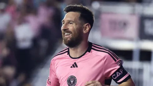 Lionel Messi #10 of Inter Miami celebrates scoring his third goal during the second half against the New England Revolution
