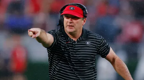 Head coach Kirby Smart of the Georgia Bulldogs reacts during the fourth quarter against the Tennessee Volunteers at Sanford Stadium on November 05, 2022 in Athens, Georgia.
