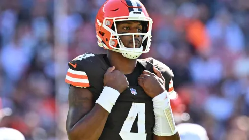 Deshaun Watson #4 of the Cleveland Browns looks on during the second quarter of a game against the Cincinnati Bengals at Huntington Bank Field on October 20, 2024 in Cleveland, Ohio.
