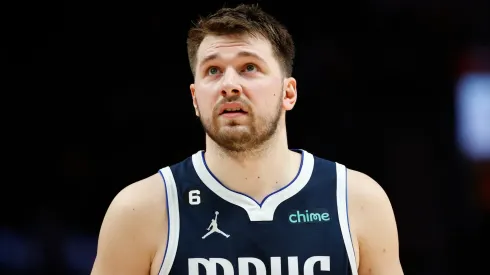 Luka Doncic #77 of the Dallas Mavericks looks on during the first half against the Portland Trail Blazers