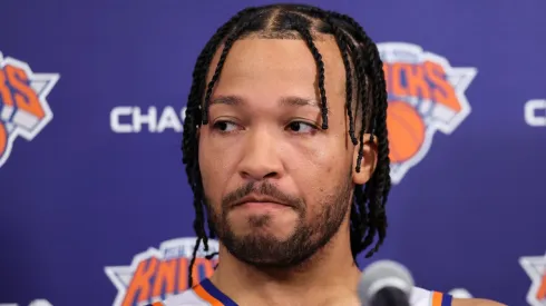 Jalen Brunson #11 of the New York Knicks speaks at a press conference during media day at Knicks Training Facility on September 30, 2024 in Tarrytown, New York.
