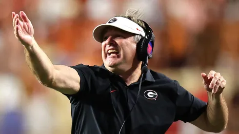 Head coach Kirby Smart of the Georgia Bulldogs reacts during the third quarter against the Texas Longhorns at Darrell K Royal-Texas Memorial Stadium on October 19, 2024 in Austin, Texas.
