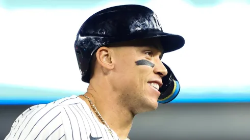 Aaron Judge #99 of the New York Yankees in action against the Los Angeles Dodgers at Yankee Stadium on June 09, 2024 in the Bronx borough of New York City.
