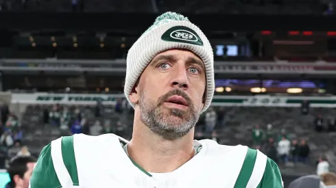 Aaron Rodgers #8 of the New York Jets walks on the field after the game against the Buffalo Bills at MetLife Stadium on October 14, 2024 in East Rutherford, New Jersey.
