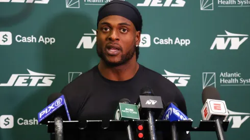 Davante Adams #17 of the New York Jets speaks to members of the media at the Atlantic Health Jets Training Center on October 16, 2024 in Florham Park, New Jersey.