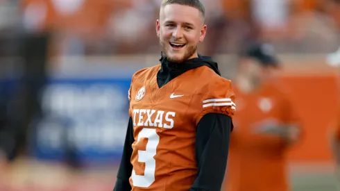 Quinn Ewers #3 of the Texas Longhorns watches players warm up before the game against the Louisiana Monroe Warhawks at Darrell K Royal-Texas Memorial Stadium on September 21, 2024 in Austin, Texas.
