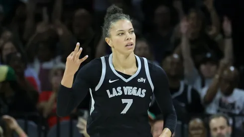 Alysha Clark of Las Vegas Aces gestures after hitting a 3-pointer against the Connecticut Sun
