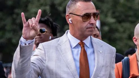 ULM vs Texas Sept 21 Sept 21, 2024.Head coach Steve Sarkisian of the Texas Longhorns leads the team in before the game vs the UL Monroe Warhawks at DKR-Memorial Stadium.
