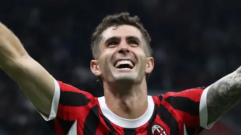 Christian Pulisic of AC Milan celebrates scoring his team's third goal during the Serie A match between AC Milan and US Lecce at Stadio Giuseppe Meazza on September 27, 2024 in Milan, Italy.
