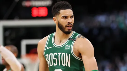 Jayson Tatum #0 of the Boston Celtics celebrates after a play against the Dallas Mavericks during the fourth quarter of Game Five of the 2024 NBA Finals at TD Garden.
