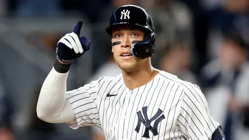 Aaron Judge #99 of the New York Yankees celebrates his solo home run in the fifth inning against the Cleveland Guardians at Yankee Stadium on April 22, 2022 in the Bronx borough of New York City. 
