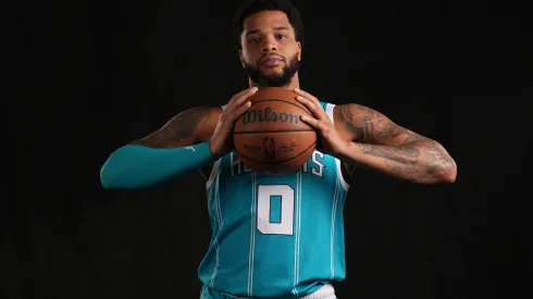 Miles Bridges #0 of the Charlotte Hornets poses for a portrait during Charlotte Hornets Media Day at Spectrum Center on September 30, 2024 in Charlotte, North Carolina.