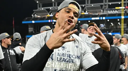Juan Soto #22 of the New York Yankees celebrates after beating the Cleveland Guardians 5-2 in 10 innings to win Game Five of the American League Championship Series at Progressive Field on October 19, 2024 in Cleveland, Ohio.