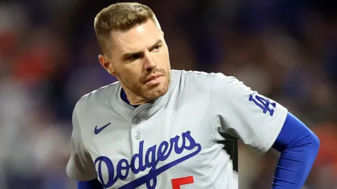 Freddie Freeman #5 of the Los Angeles Dodgers in action against the New York Mets in Game Three of the Championship Series at Citi Field on October 16, 2024 in the Queens borough of New York City. 
