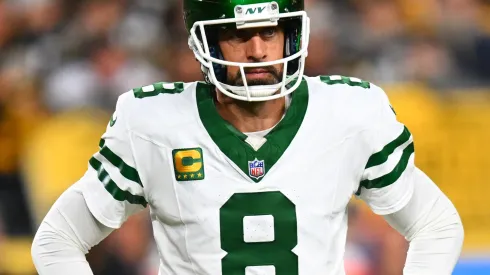 Aaron Rodgers #8 of the New York Jets looks on during the second quarter against the Pittsburgh Steelers at Acrisure Stadium on October 20, 2024 in Pittsburgh, Pennsylvania.
