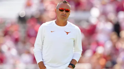 Head coach Steve Sarkisian of the Texas Longhorns looks on prior to a game against the Oklahoma Sooners at Cotton Bowl Stadium on October 12, 2024 in Dallas, Texas.
