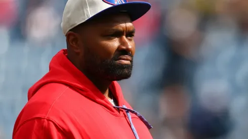Head coach Jerod Mayo of the New England Patriots looks on prior to a game against the Houston Texans at Gillette Stadium on October 13, 2024 in Foxborough, Massachusetts.