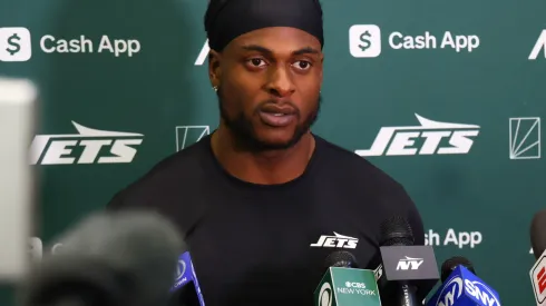 Davante Adams #17 of the New York Jets speaks to members of the media at the Atlantic Health Jets Training Center on October 16, 2024 in Florham Park, New Jersey.
