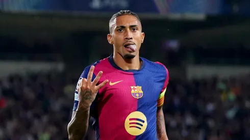 Raphinha of FC Barcelona celebrates scoring his team's fourth goal and his hat-trick goal during the UEFA Champions League 2024/25 League 
