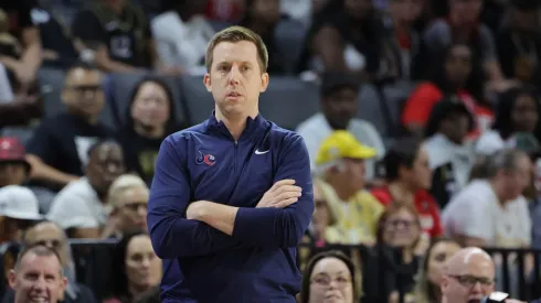 Head coach Eric Thibault of the Washington Mystics looks on in the first quarter of a game against the Las Vegas Aces 
