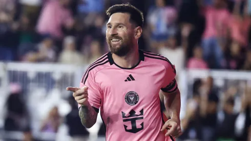 Lionel Messi #10 of Inter Miami celebrates scoring his third goal during the second half against the New England Revolution
