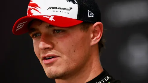 Lando Norris of Great Britain and McLaren talks to the media in parc ferme after the Sprint ahead of the F1 Grand Prix of United States 
