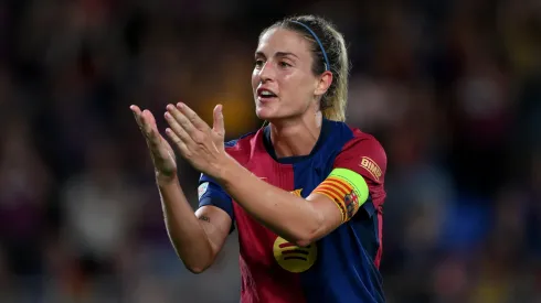 Alexia Putellas of Barcelona celebrates scoring her team's third goal during the UEFA Women's Champions League